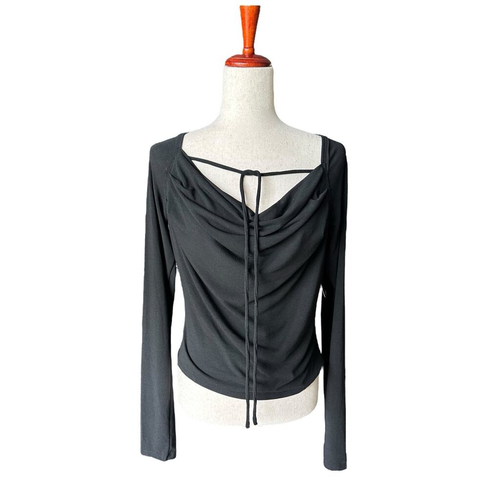 We The Free Black Long Sleeve Drape Tie Top Free People Shirt Size Large